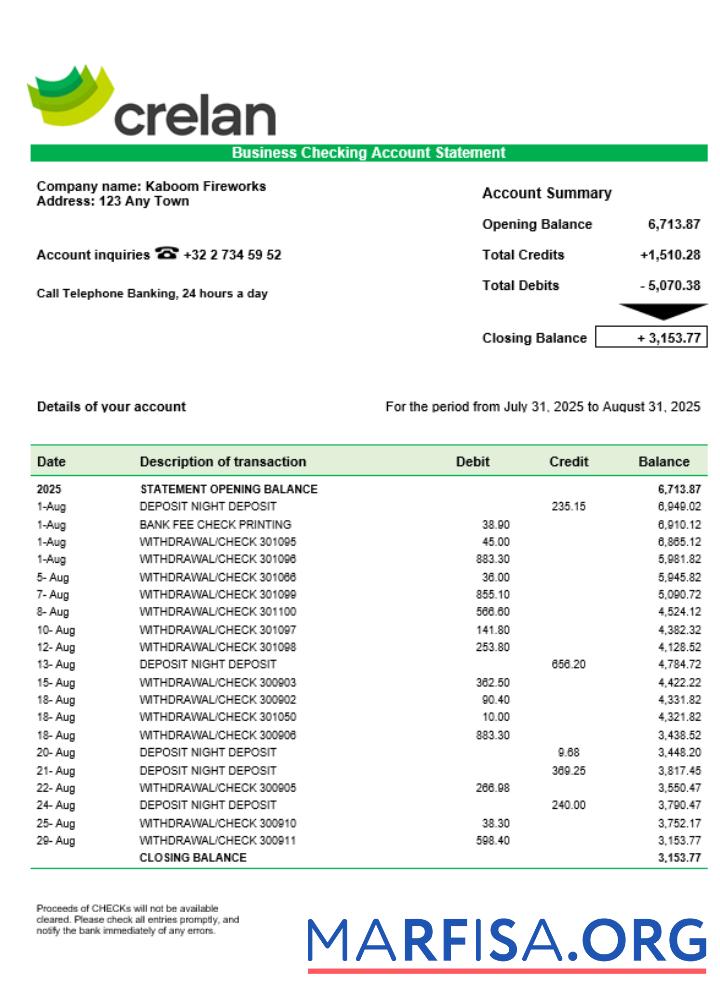 Blank Crelan bank company checking account statement Word and PDF format real example